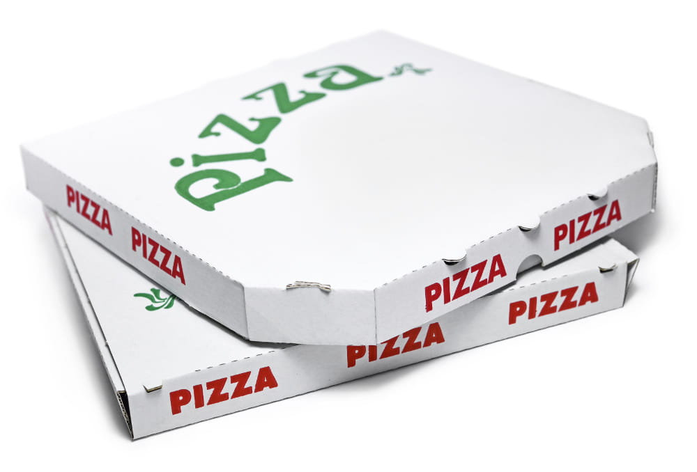 White cardboard with green and red inscription: "Pizza".