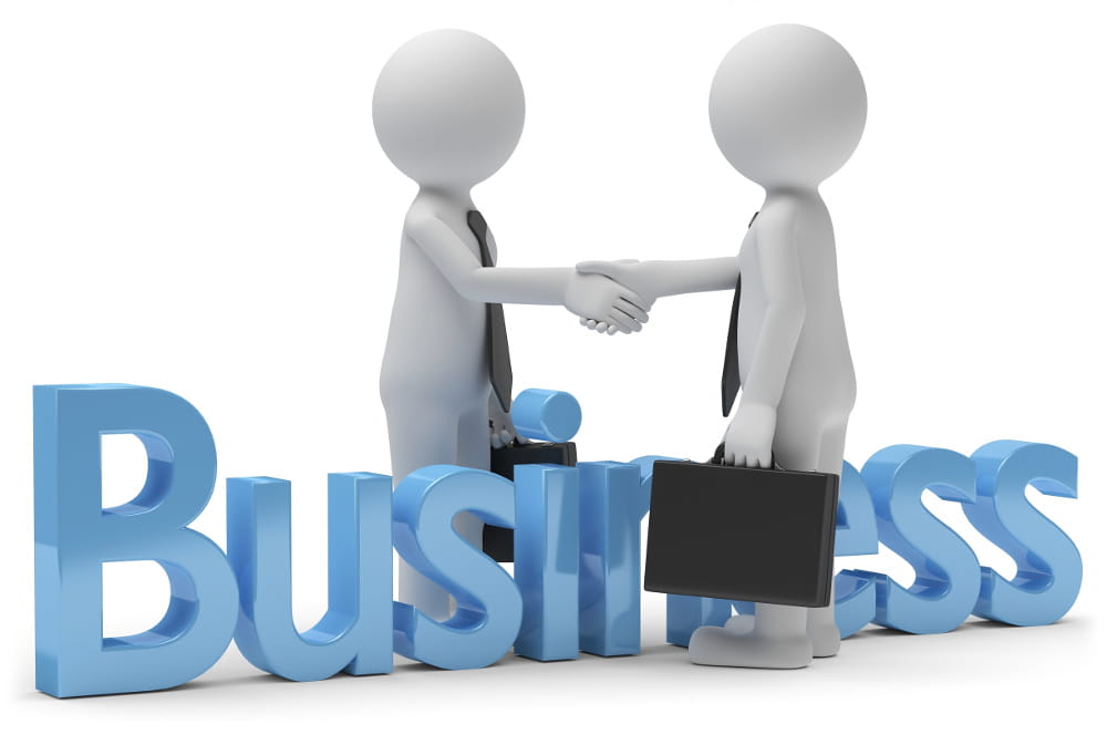 Two figures reaching out their hands over the stylised word "business".