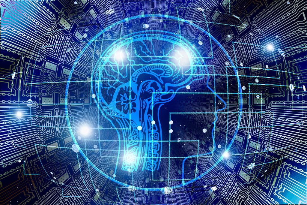 Human skull with brain and skeleton in front of hard disk pattern.