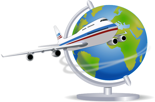 A graphic shows a commercial aircraft in front of a globe.