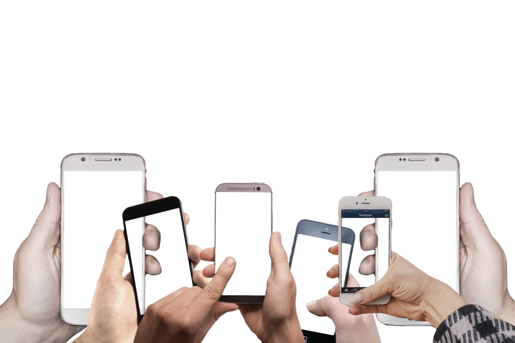 Hands and free-standing smartphone displays.