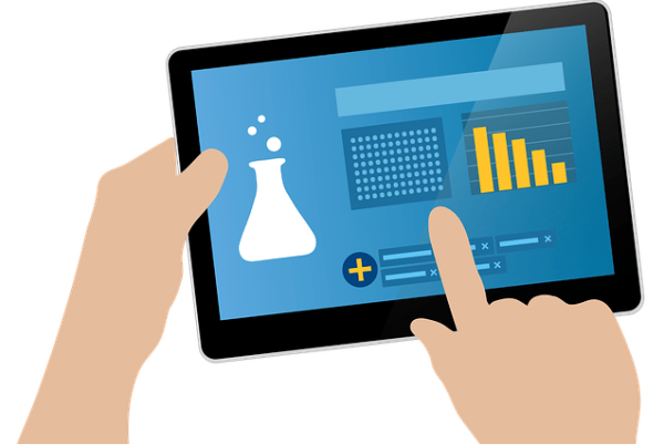 Lab results are shown on a graphically displayed tablet.