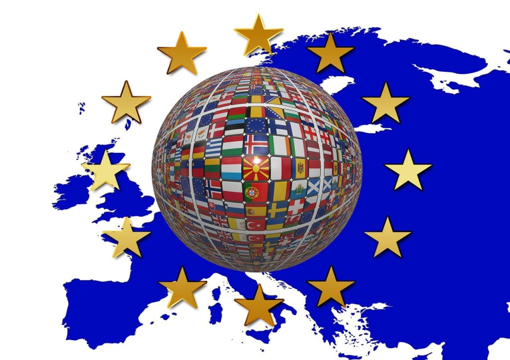 Symbol image: Map of Europe with EU symbol and flags.