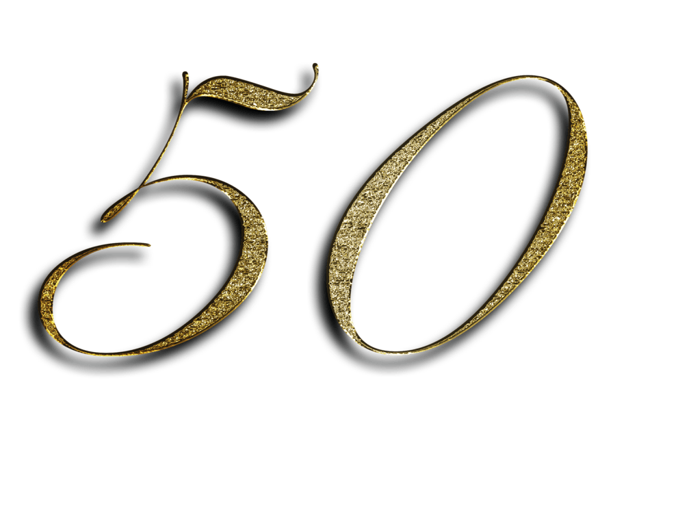 The number 50 in gold lettering on a white background.