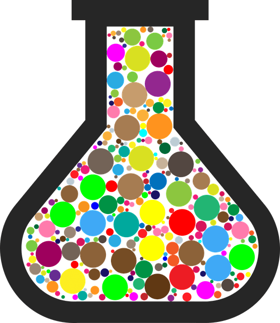A Graphic with a glass container with multicoloured contents.
